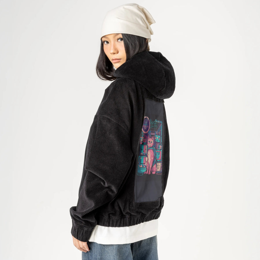 cybercatsonly patch on female retro cord hoodie in onyx