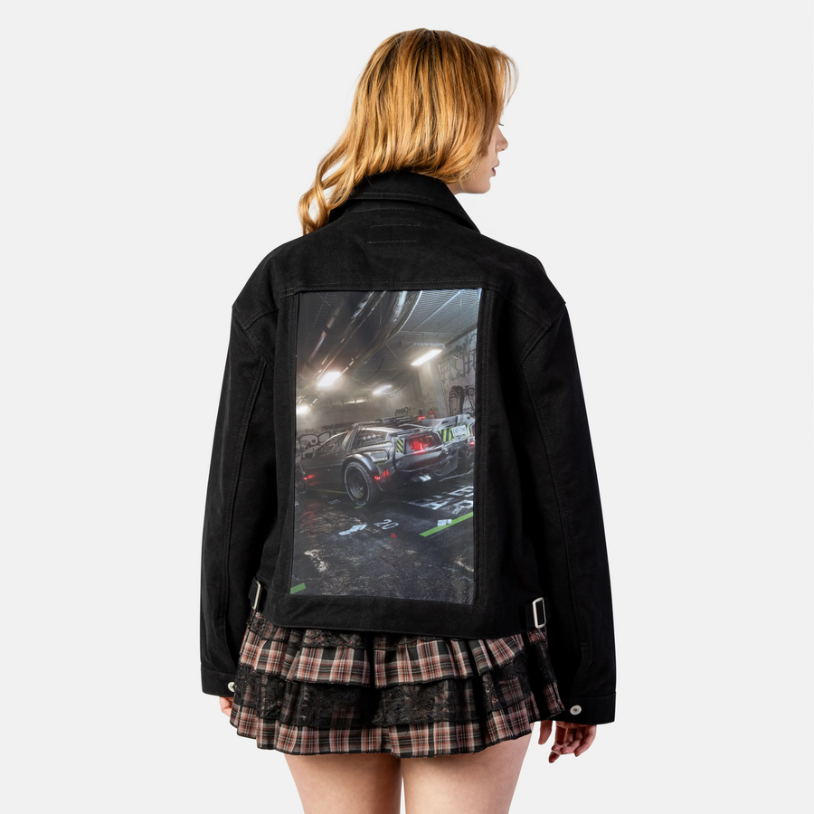 cyberdelorean2 patch on female atelier canvas jacket in nightfall