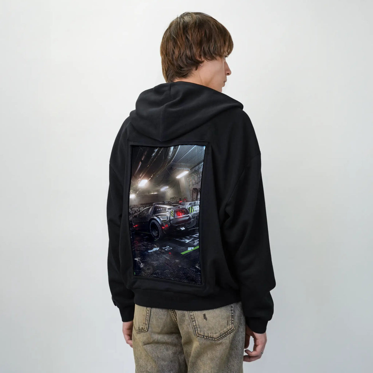 cyberdelorean2 patch on male essential zip hoodie in after hours