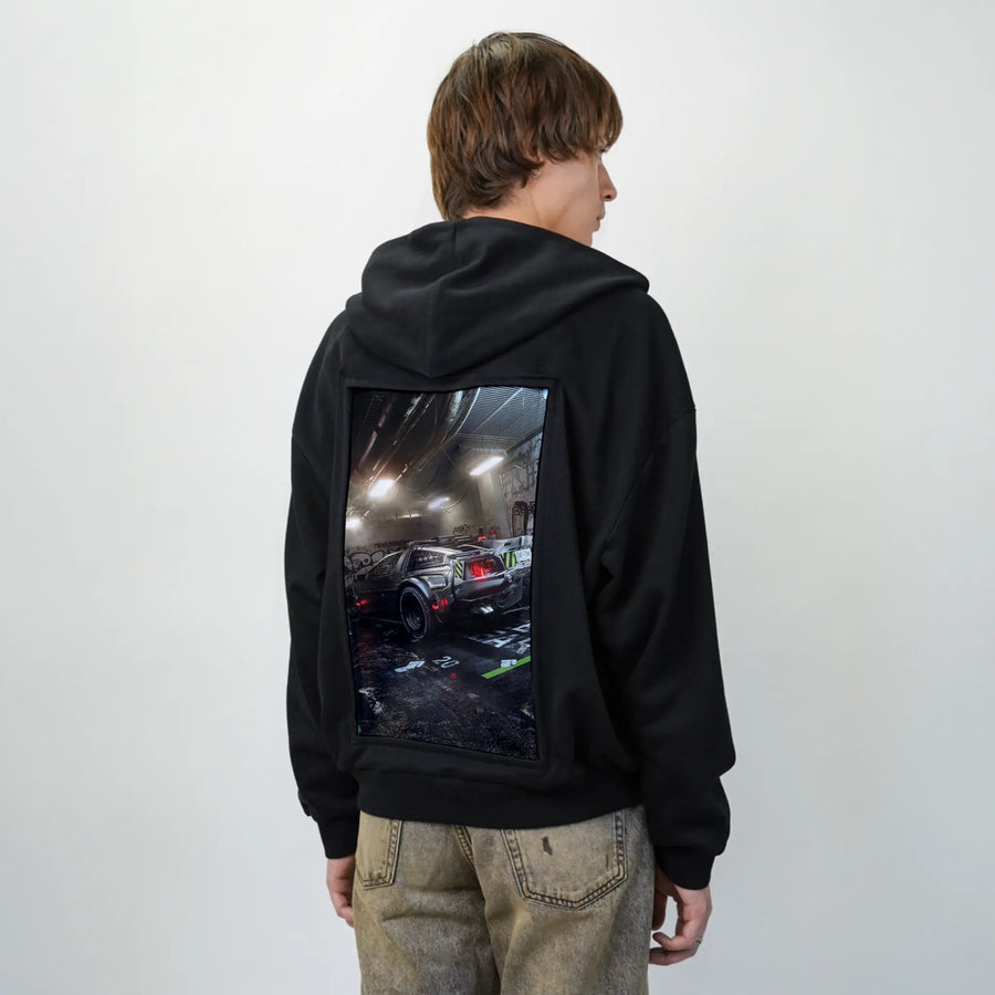 cyberdelorean2 patch on male essential zip hoodie in after hours
