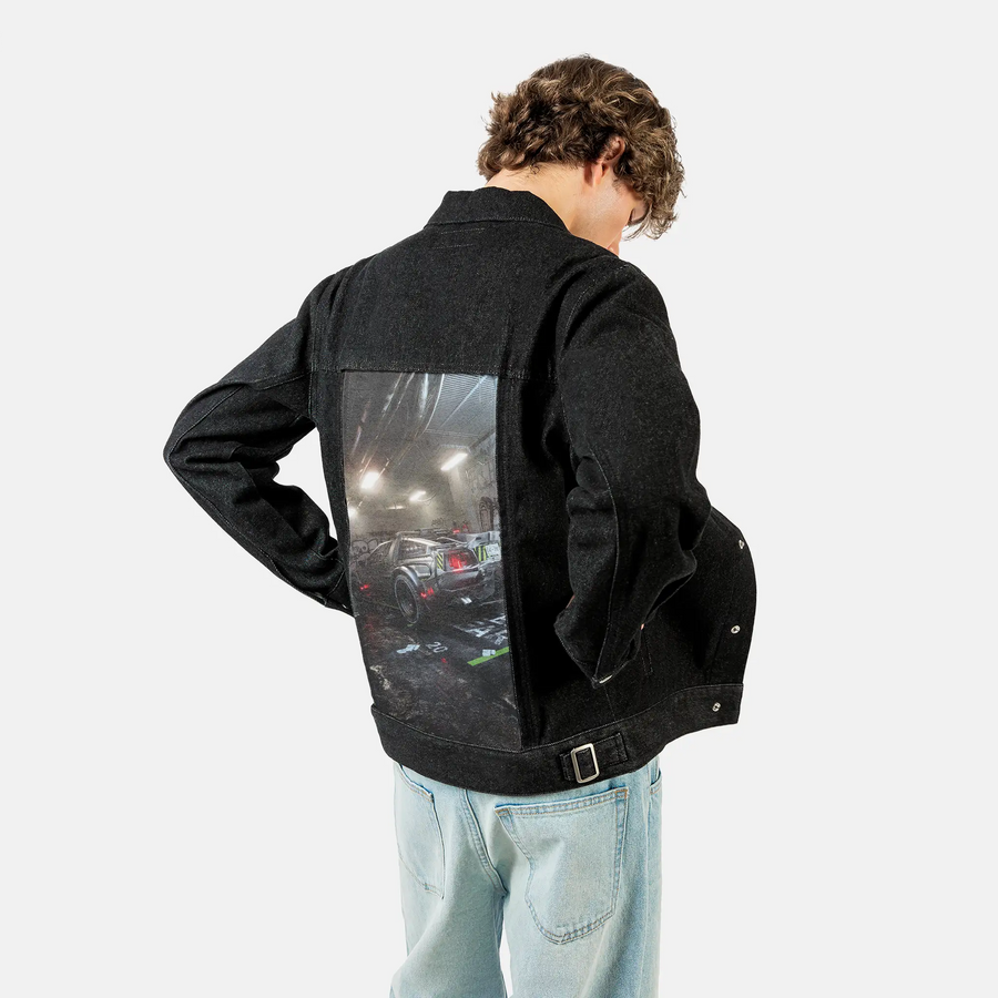 cyberdelorean2 patch on male og denim jacket in raven