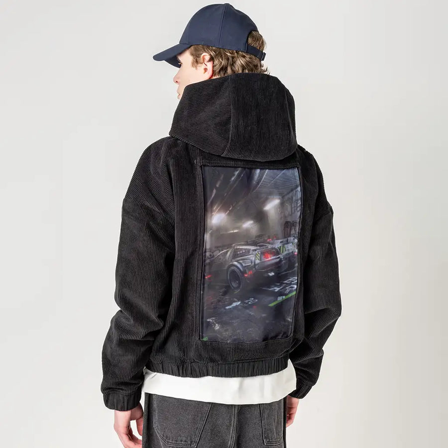 cyberdelorean2 patch on male retro cord hoodie in onyx