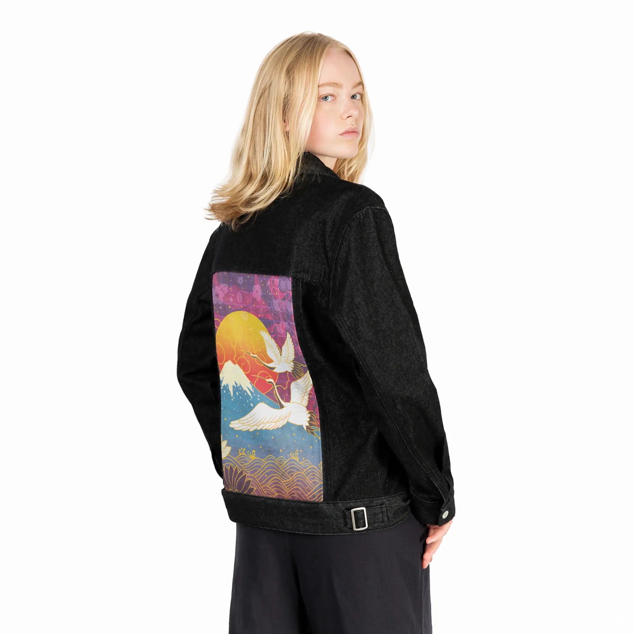 cyberedo patch on female og denim jacket in raven