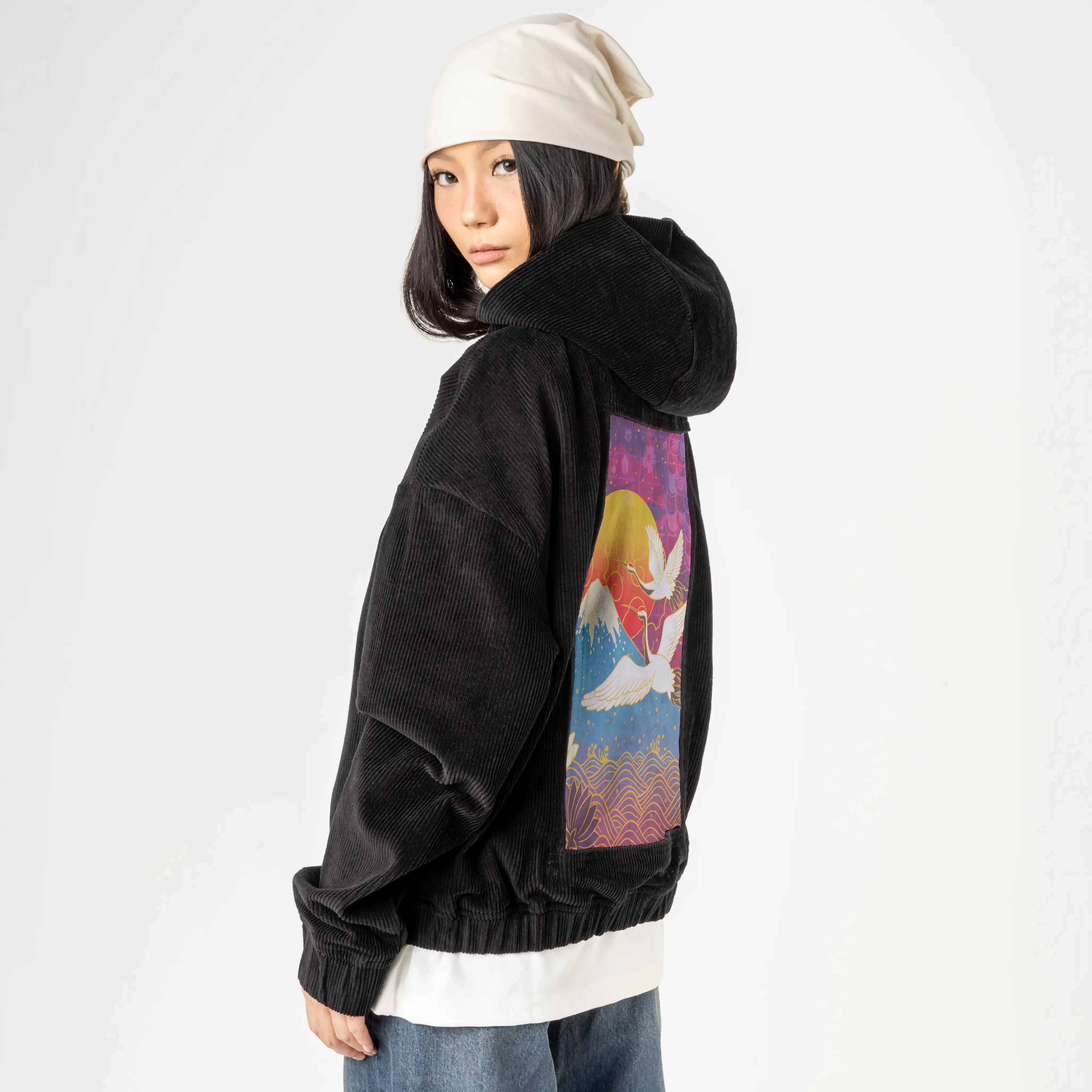 cyberedo patch on female retro cord hoodie in onyx