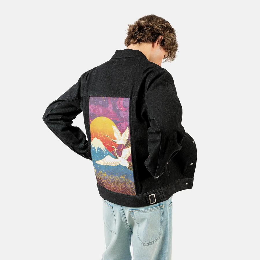 cyberedo patch on male og denim jacket in raven