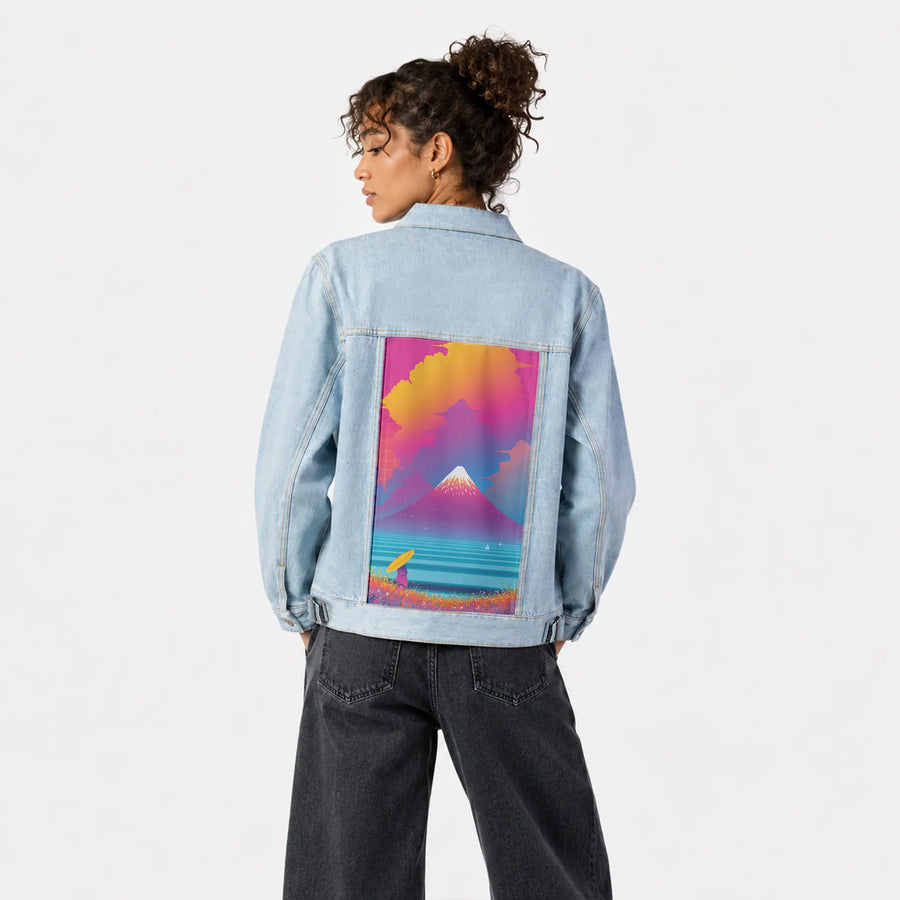 cyberfuji patch on female og denim jacket in oceanside