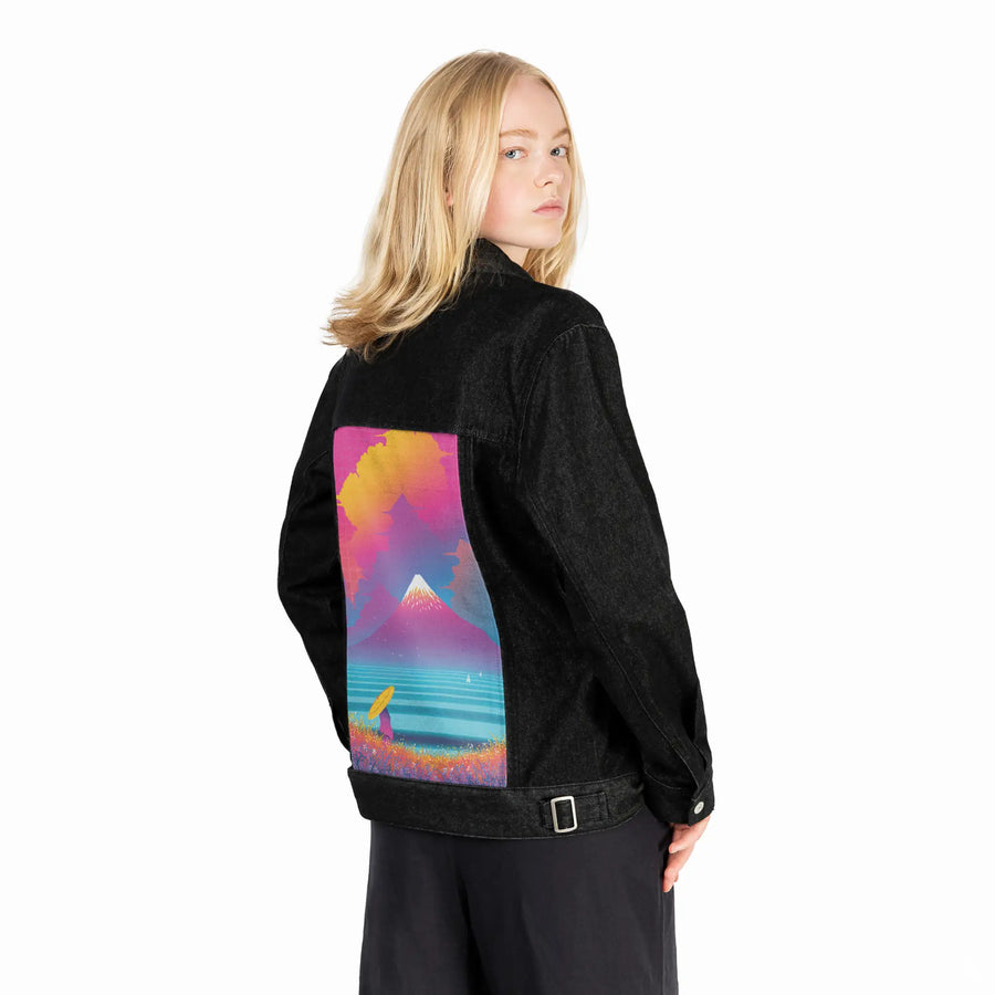 cyberfuji patch on female og denim jacket in raven