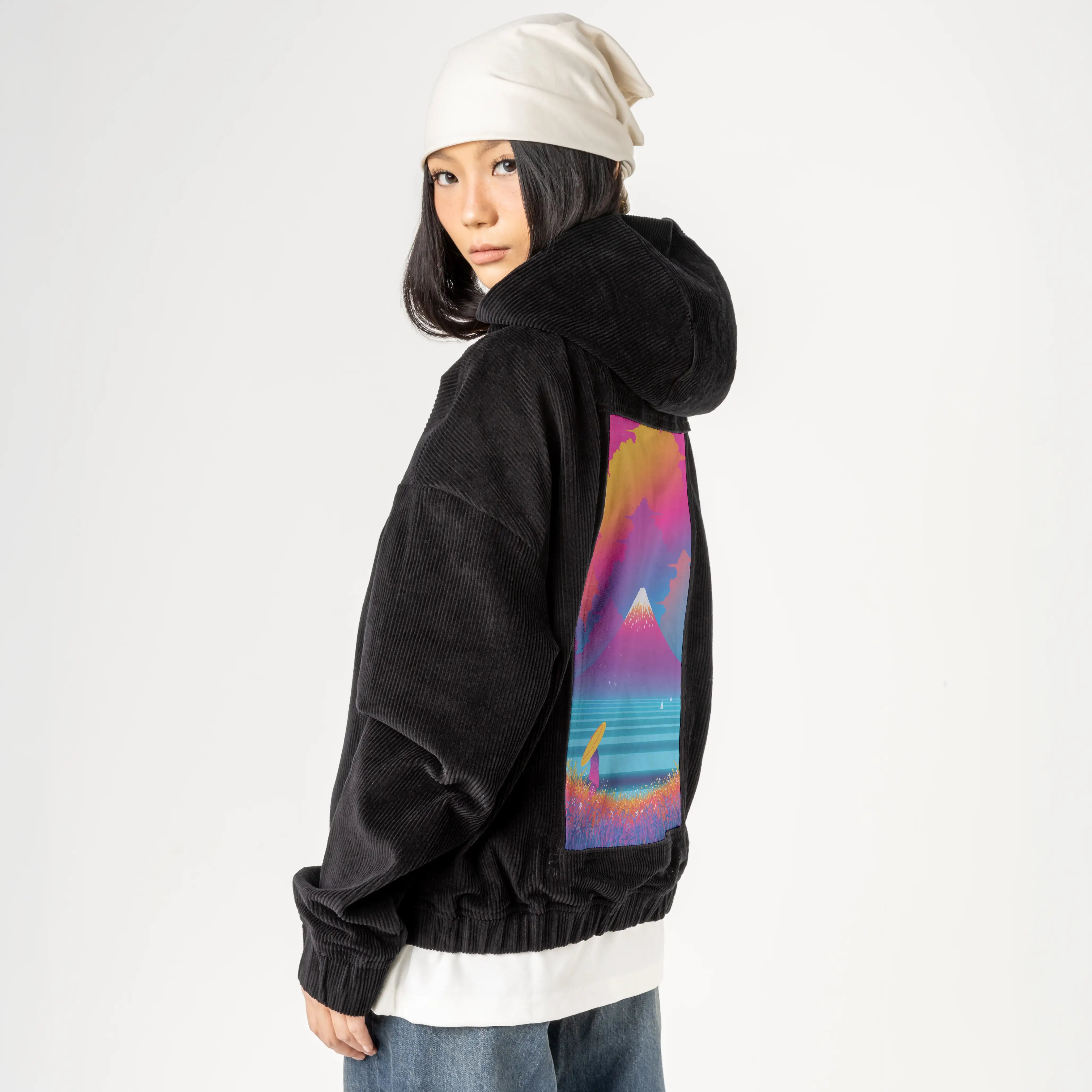 cyberfuji patch on female retro cord hoodie in onyx