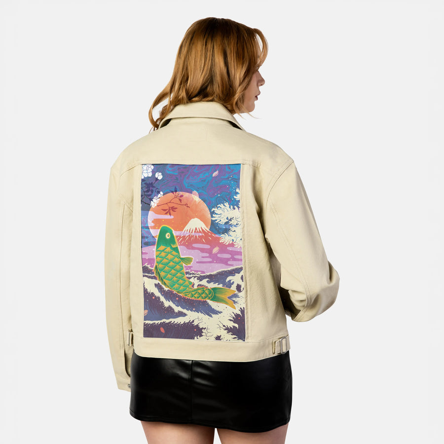 cyberkoi patch on female atelier canvas jacket in tan