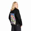 cyberkoi patch on female og denim jacket in raven