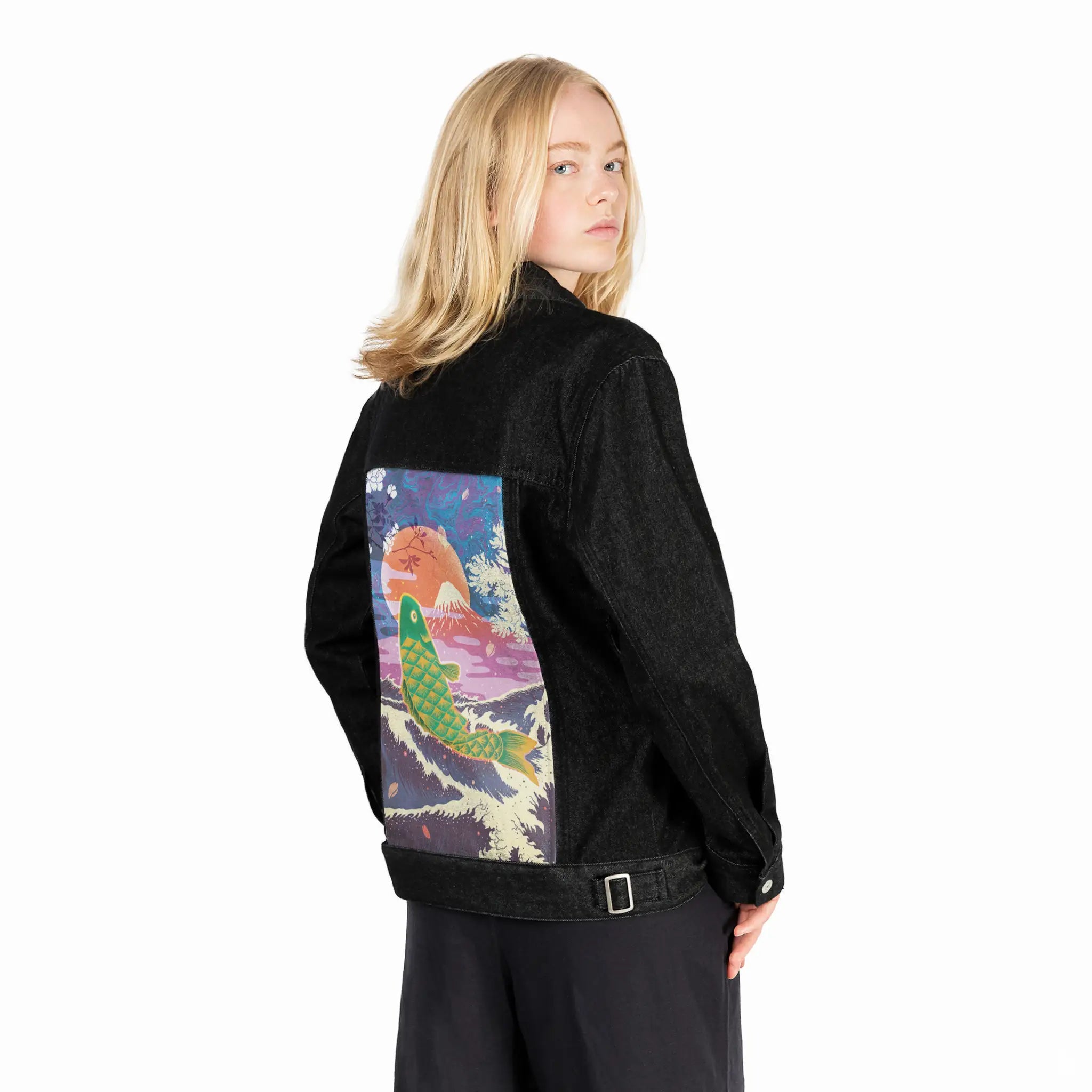 cyberkoi patch on female og denim jacket in raven