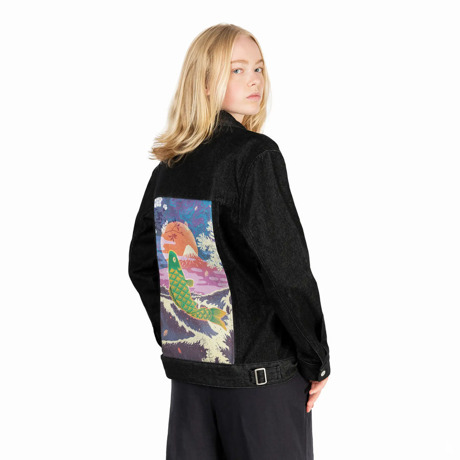 cyberkoi patch on female og denim jacket in raven