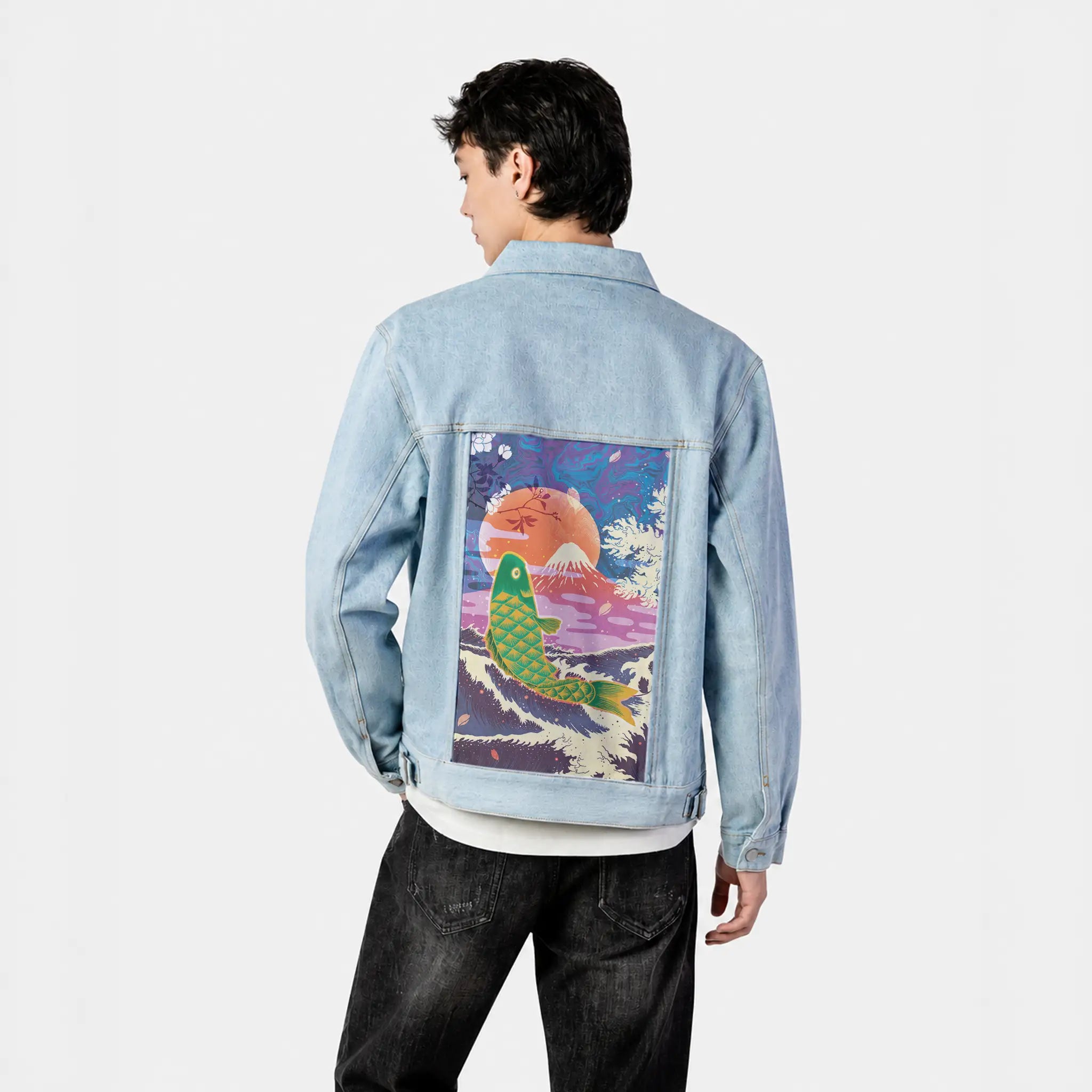 cyberkoi patch on male og denim jacket in oceanside