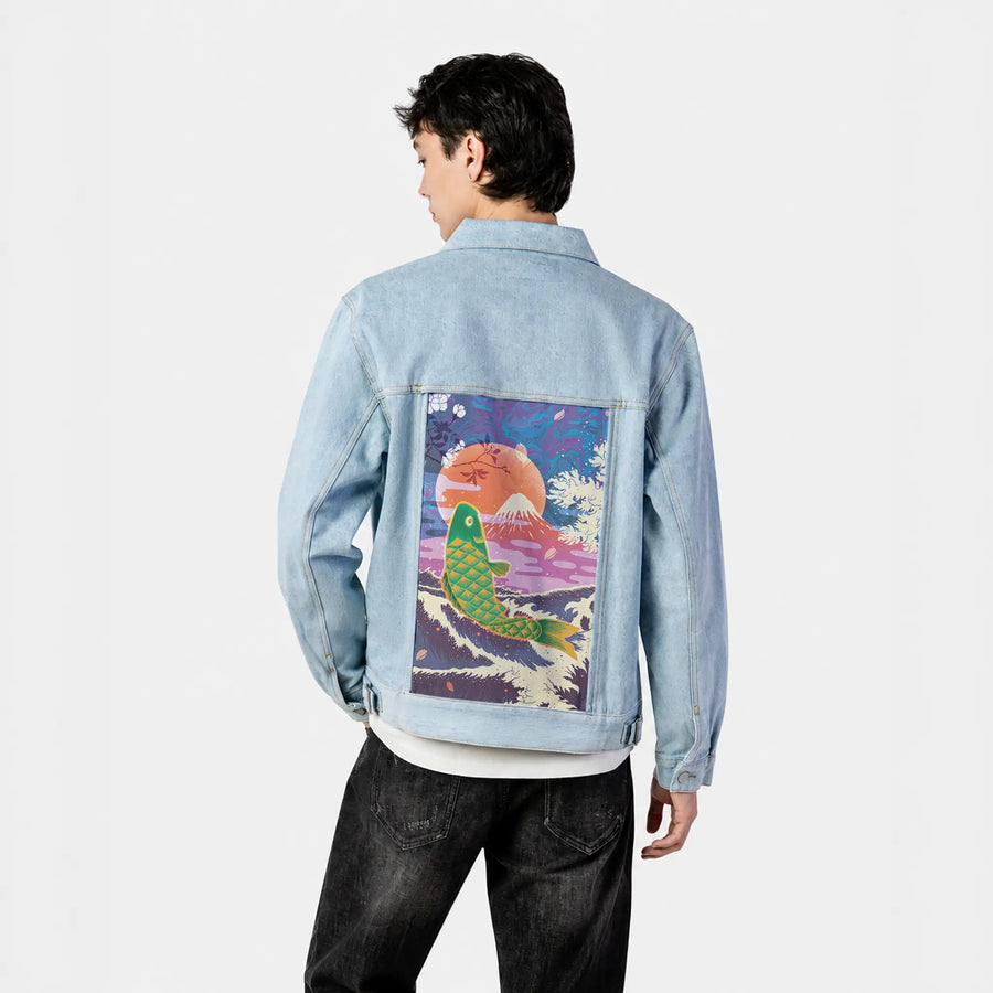 cyberkoi patch on male og denim jacket in oceanside