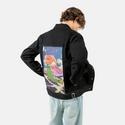 cyberkoi patch on male og denim jacket in raven