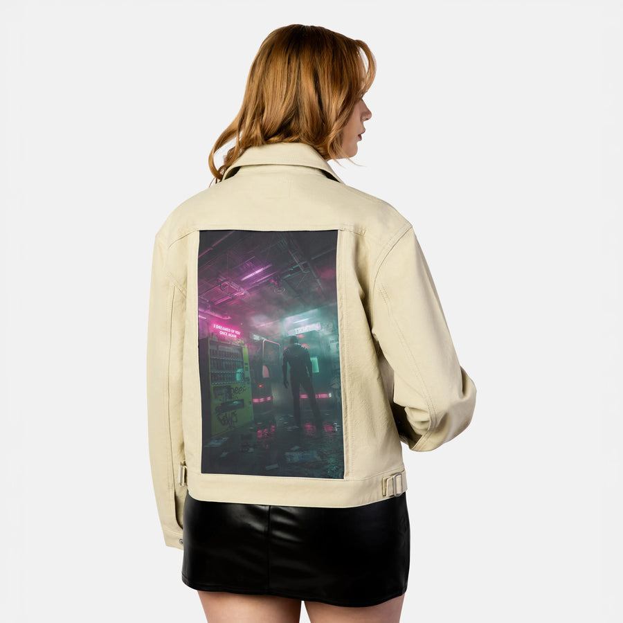cybervendingmachine patch on female atelier canvas jacket in tan