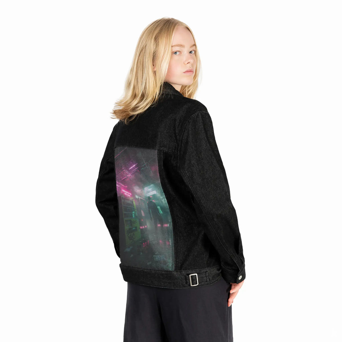 cybervendingmachine patch on female og denim jacket in raven