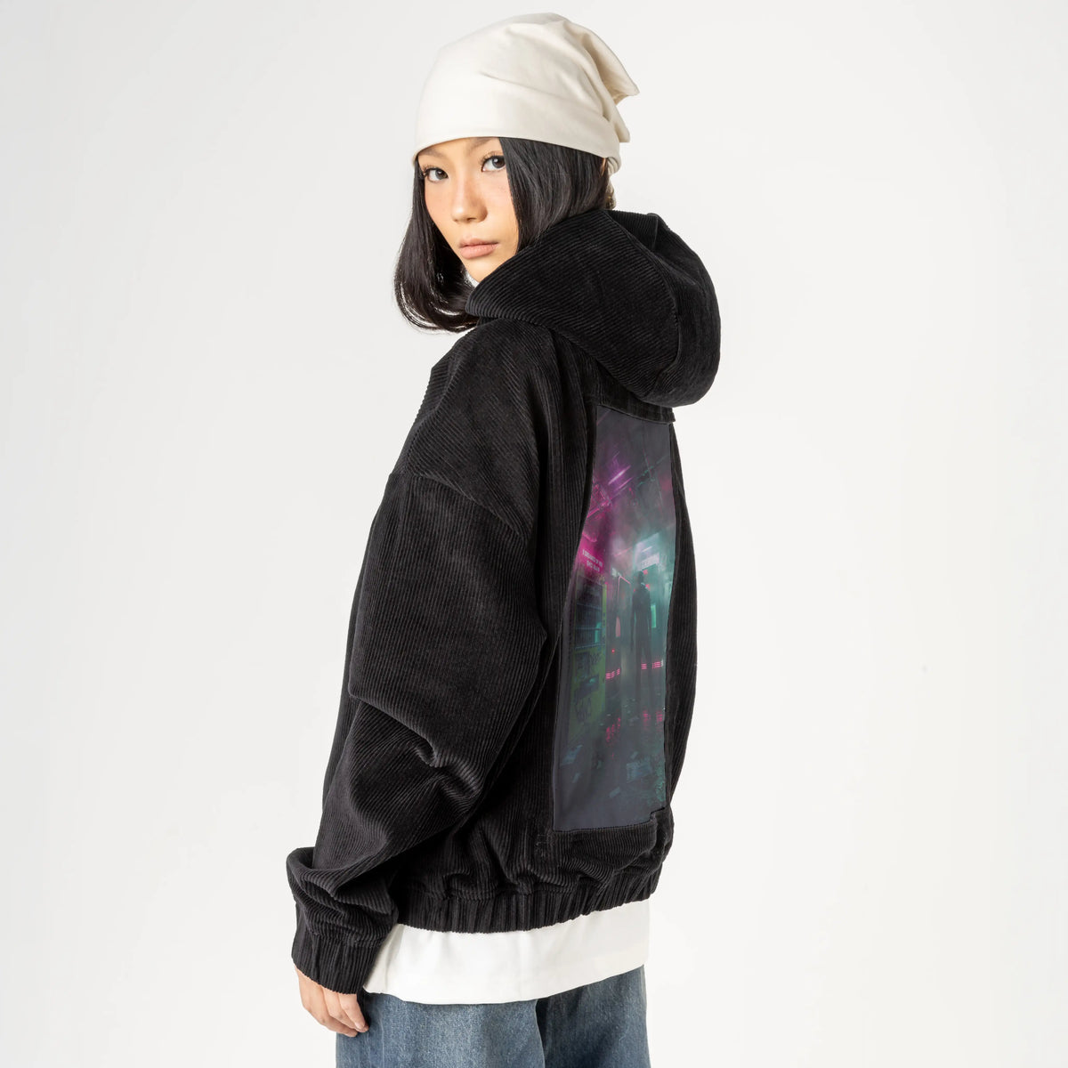 cybervendingmachine patch on female retro cord hoodie in onyx