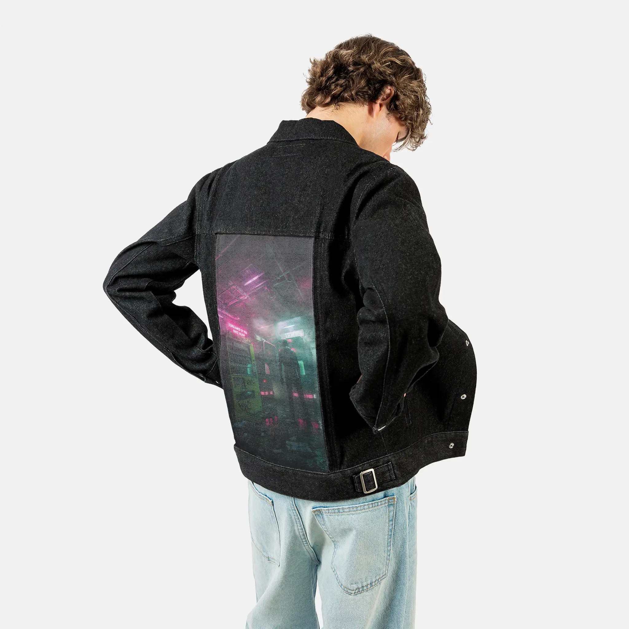 cybervendingmachine patch on male og denim jacket in raven