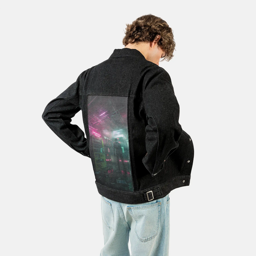 cybervendingmachine patch on male og denim jacket in raven