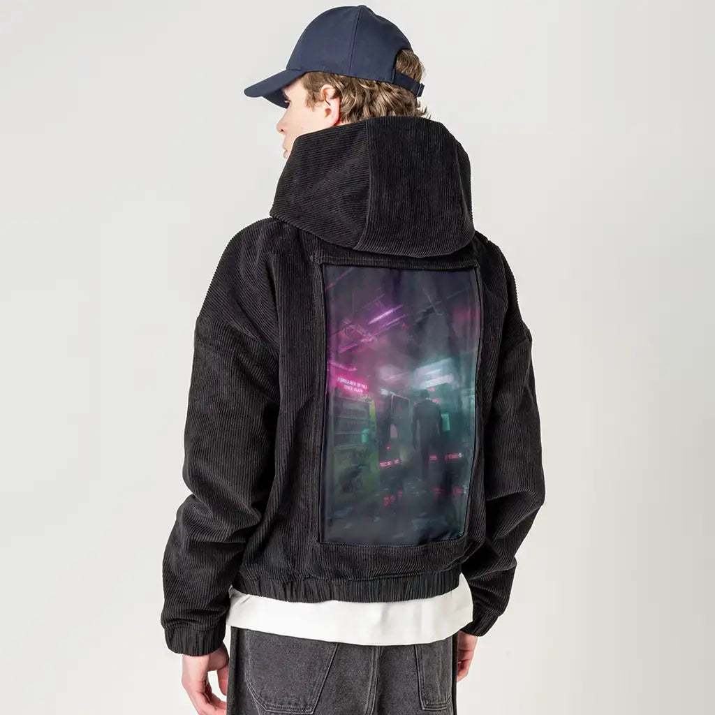 cybervendingmachine patch on male retro cord hoodie in onyx