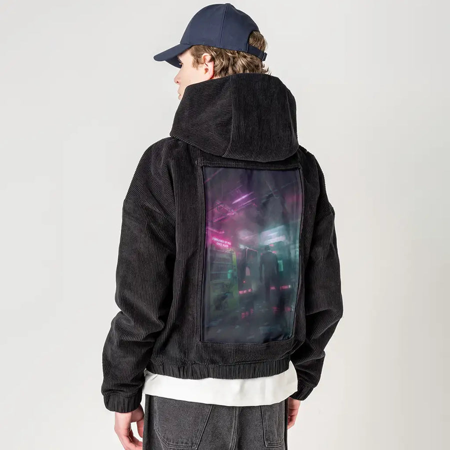 cybervendingmachine patch on male retro cord hoodie in onyx