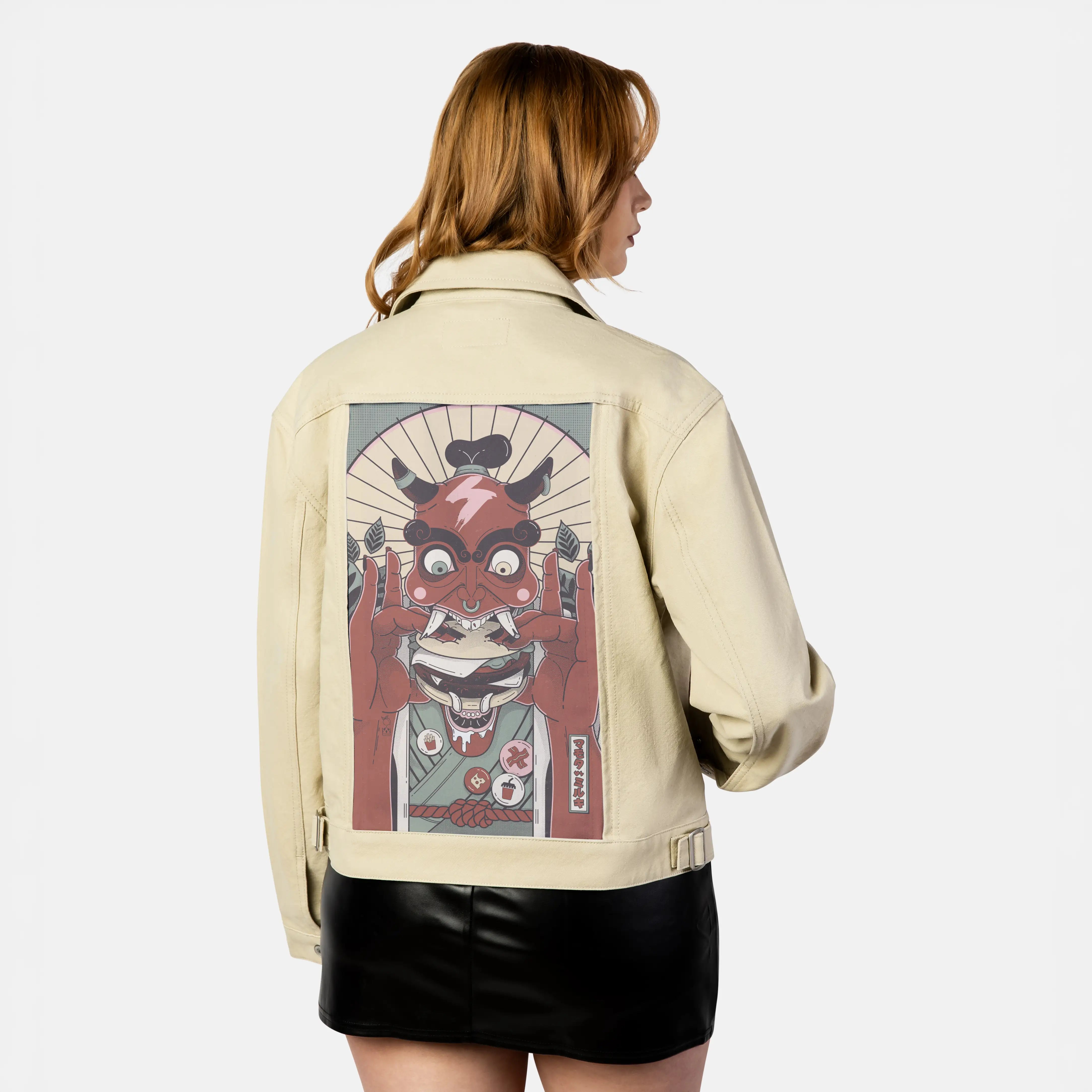daemonburger patch on female atelier canvas jacket in tan
