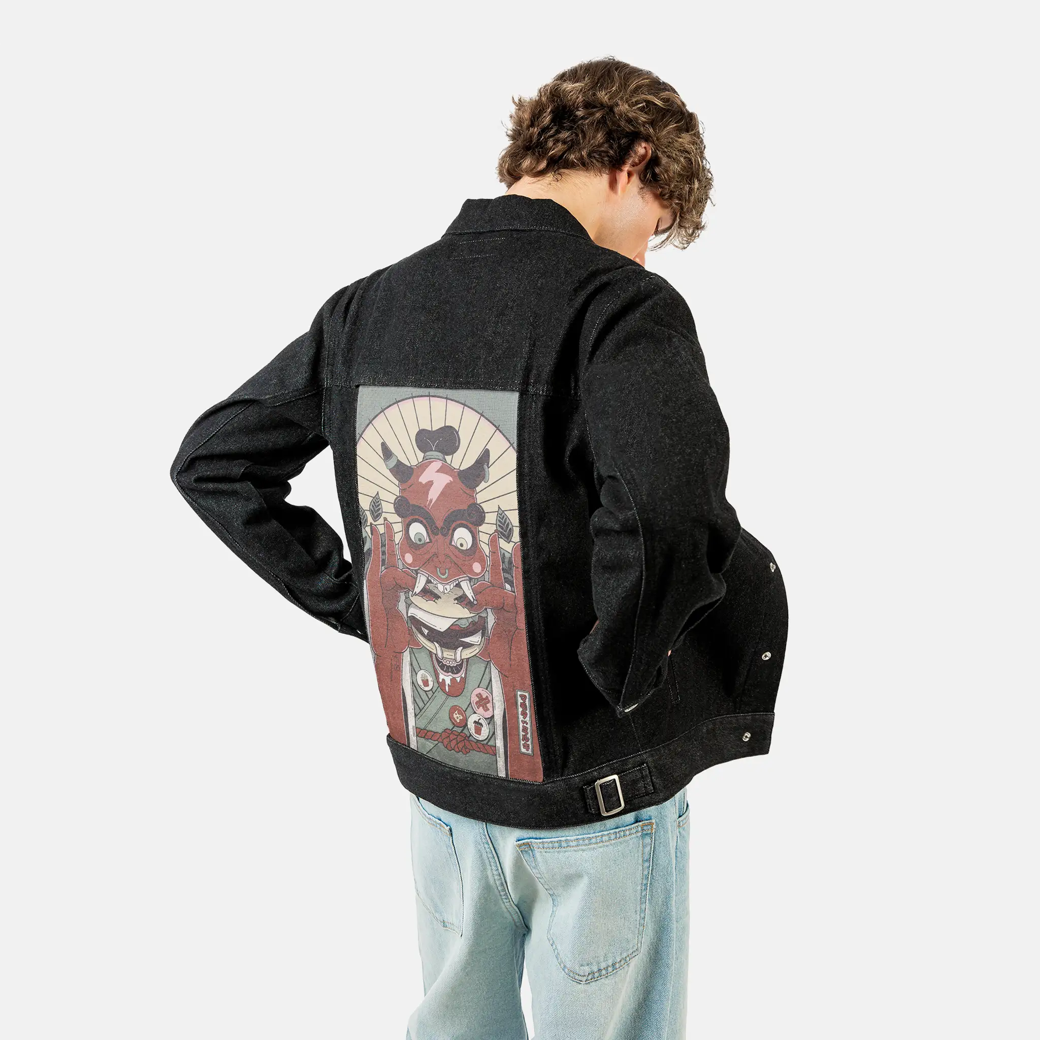daemonburger patch on male og denim jacket in raven