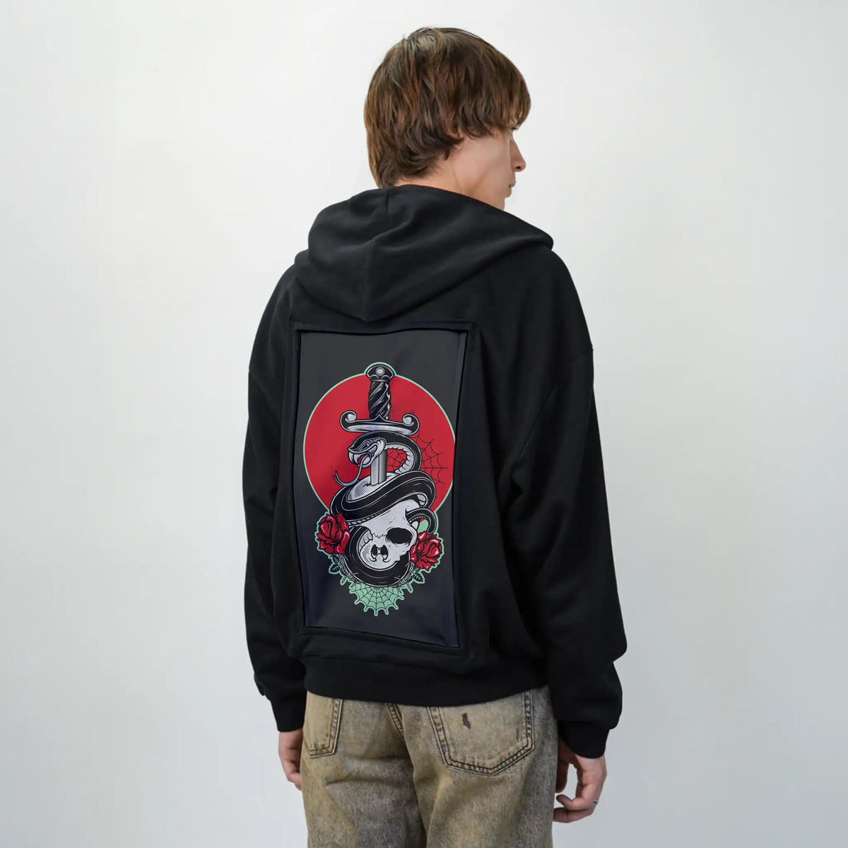 daggerskull patch on male essential zip hoodie in after hours