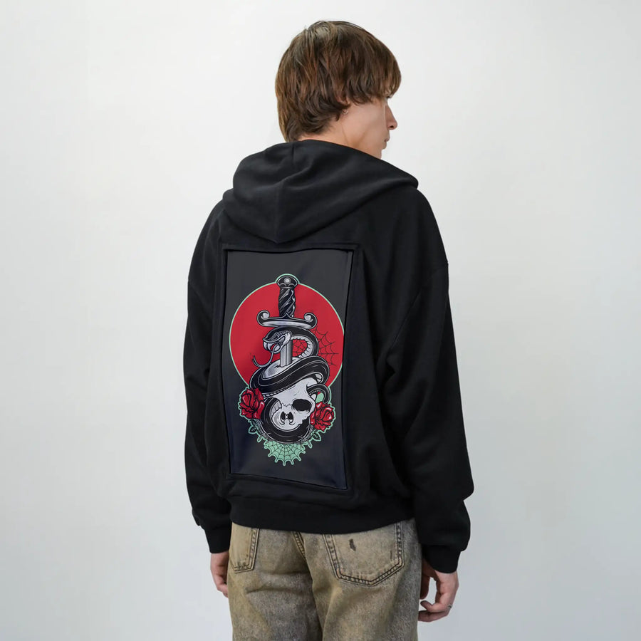 daggerskull patch on male essential zip hoodie in after hours