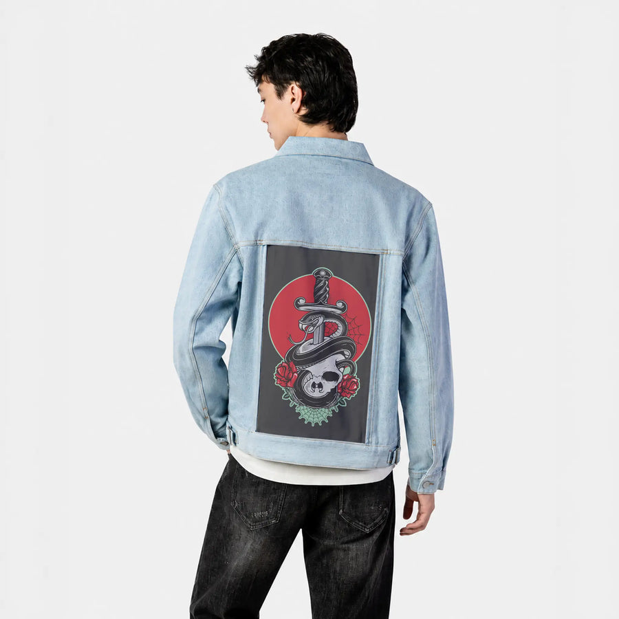 daggerskull patch on male og denim jacket in oceanside