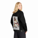 dappercat patch on female og denim jacket in raven