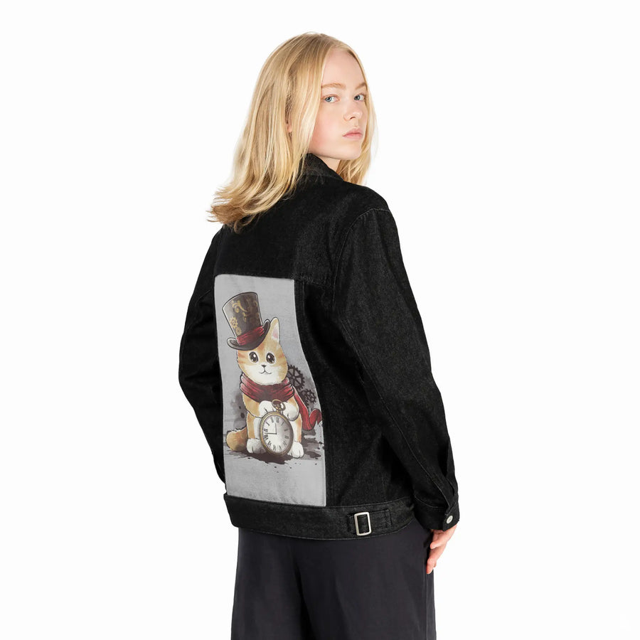 dappercat patch on female og denim jacket in raven