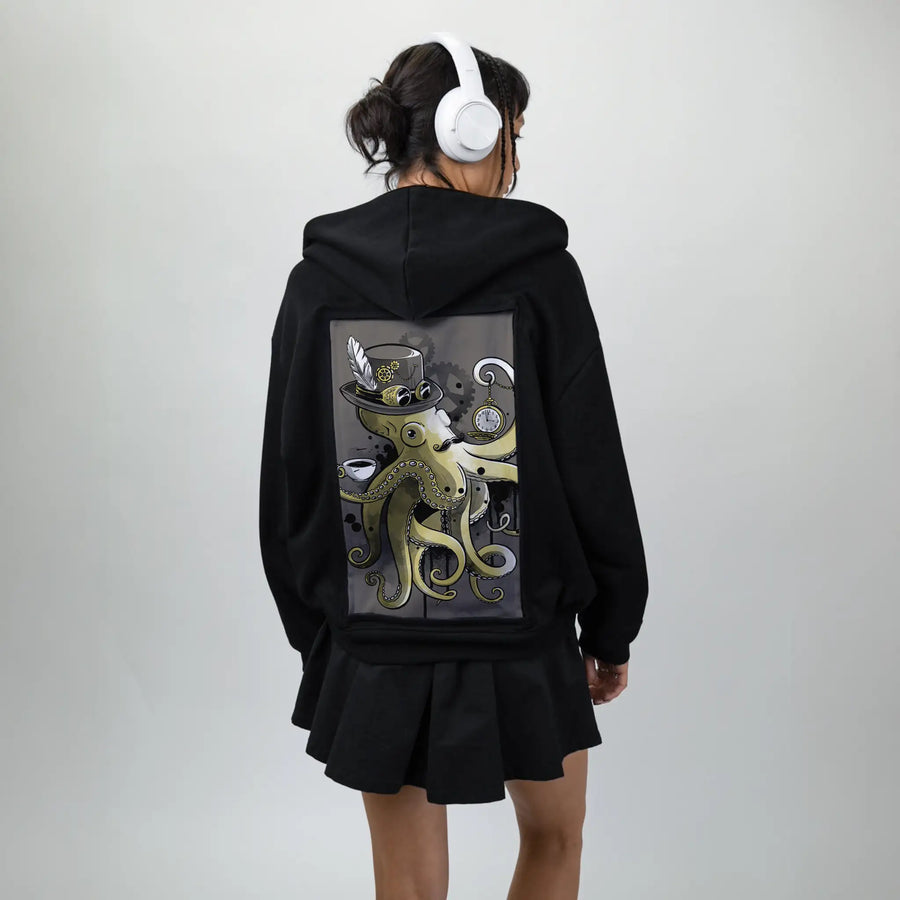 dapperoctopus patch on female essential zip hoodie in after hours