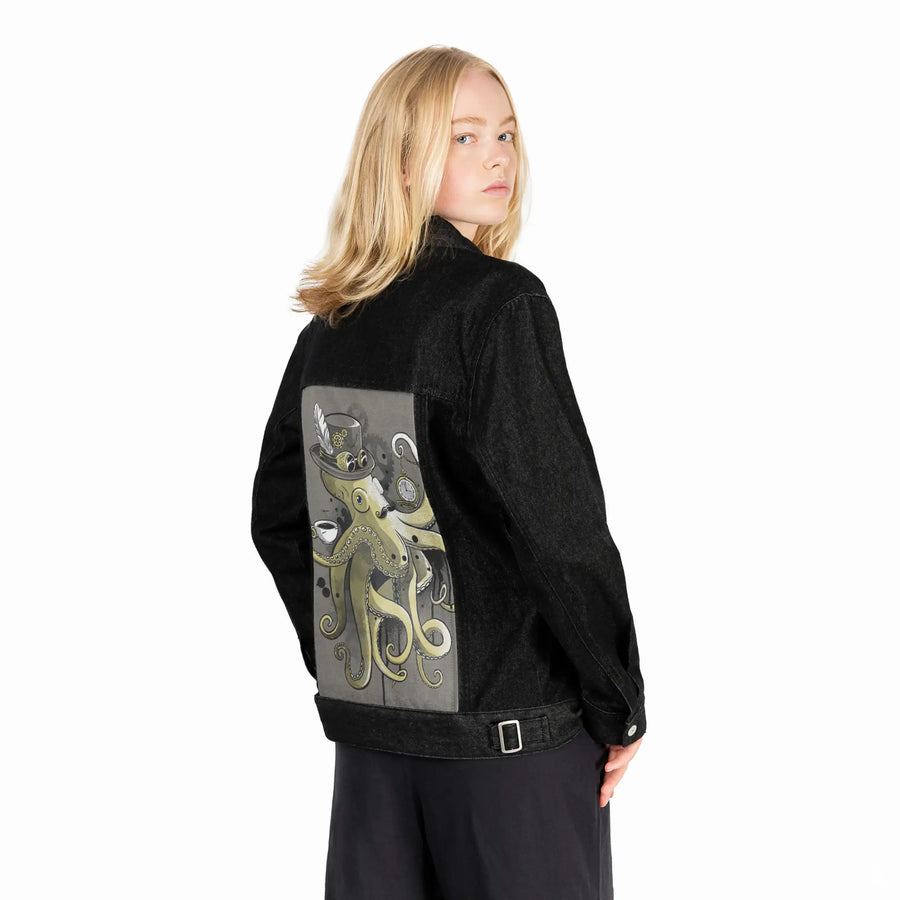 dapperoctopus patch on female og denim jacket in raven