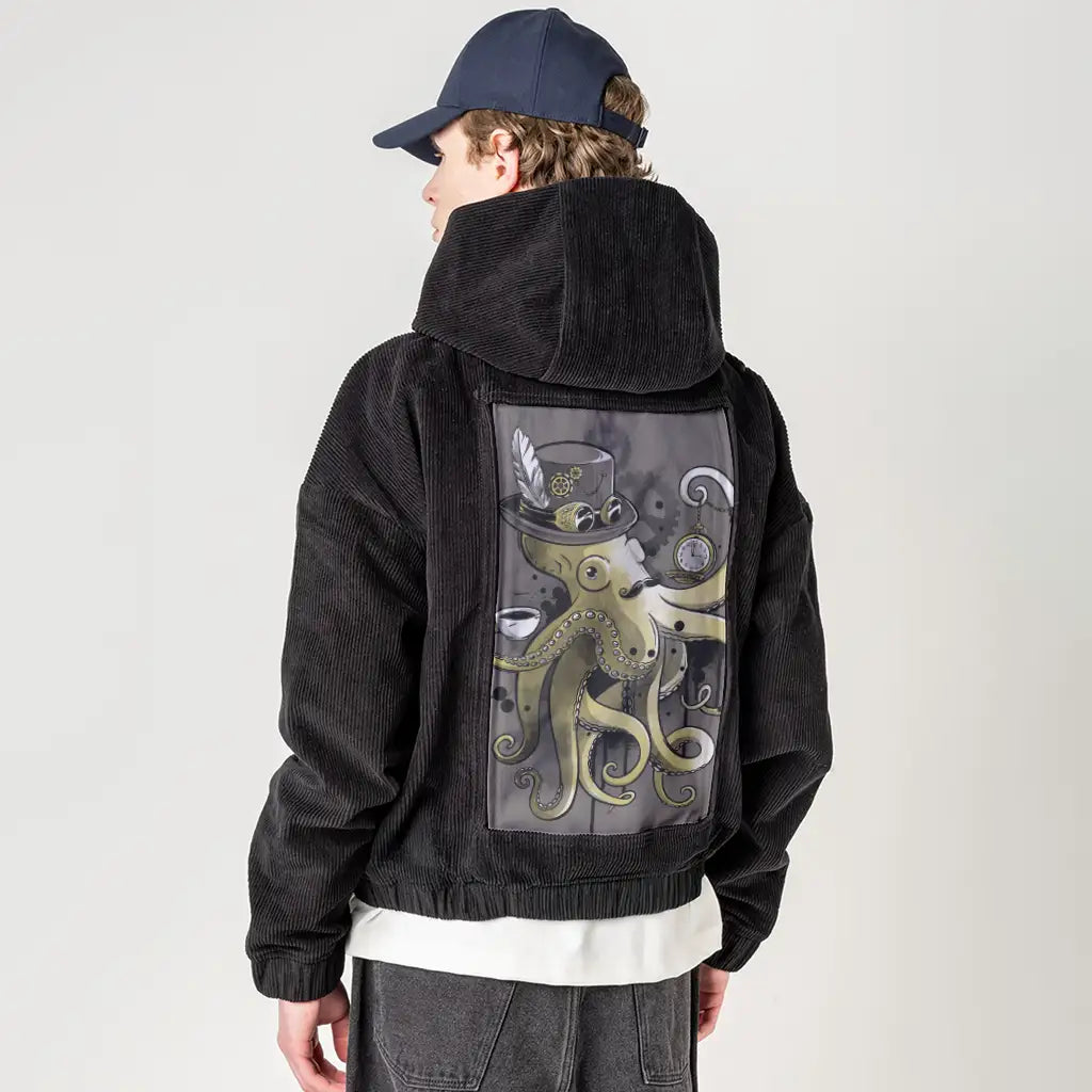 dapperoctopus patch on male retro cord hoodie in onyx