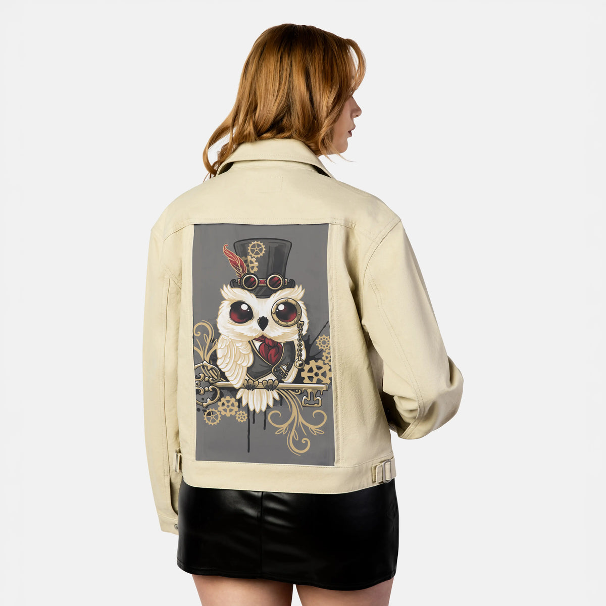 dapperowl patch on female atelier canvas jacket in tan