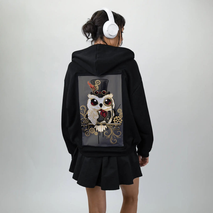 dapperowl patch on female essential zip hoodie in after hours