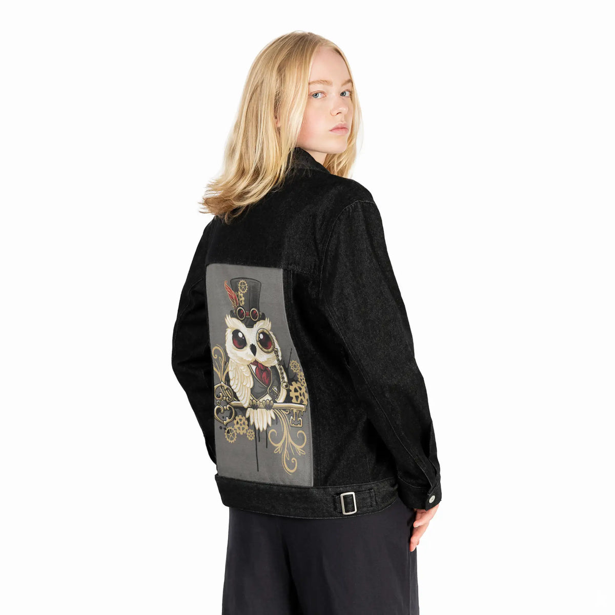 dapperowl patch on female og denim jacket in raven