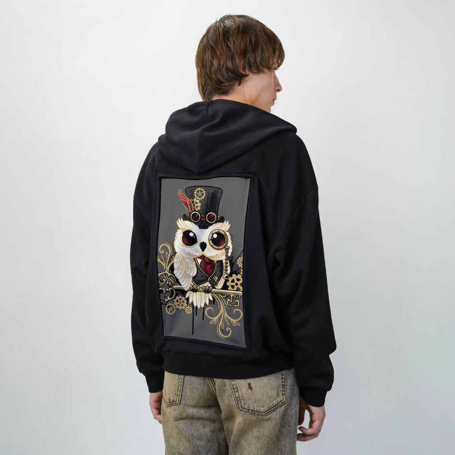 dapperowl patch on male essential zip hoodie in after hours