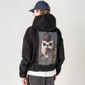 dapperowl patch on male retro cord hoodie in onyx