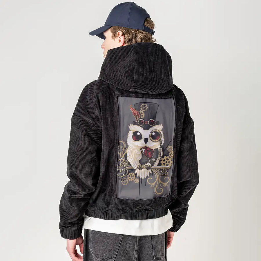 dapperowl patch on male retro cord hoodie in onyx