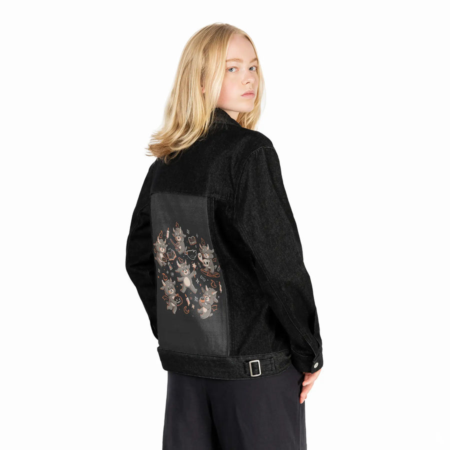 darkcuties patch on female og denim jacket in raven