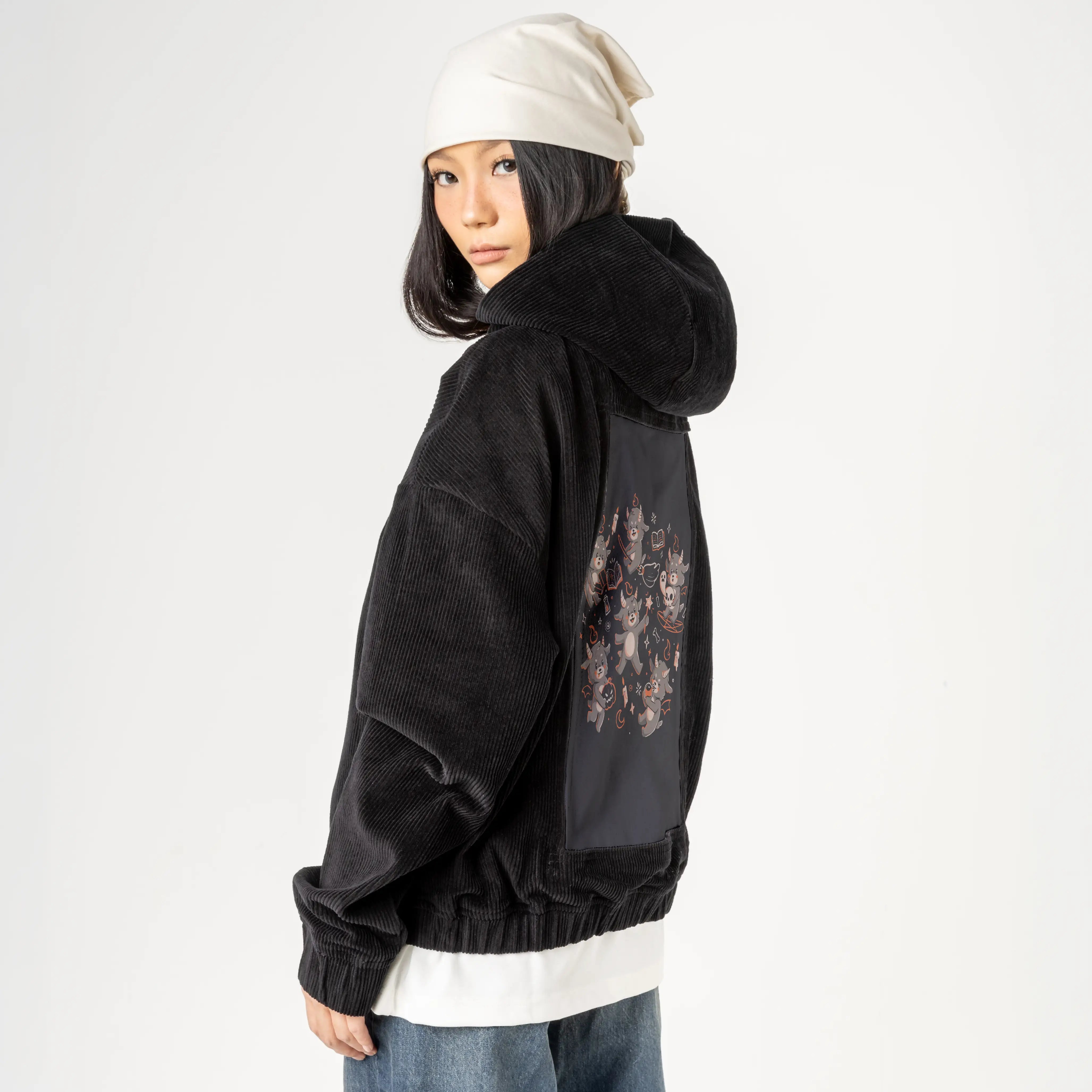 darkcuties patch on female retro cord hoodie in onyx