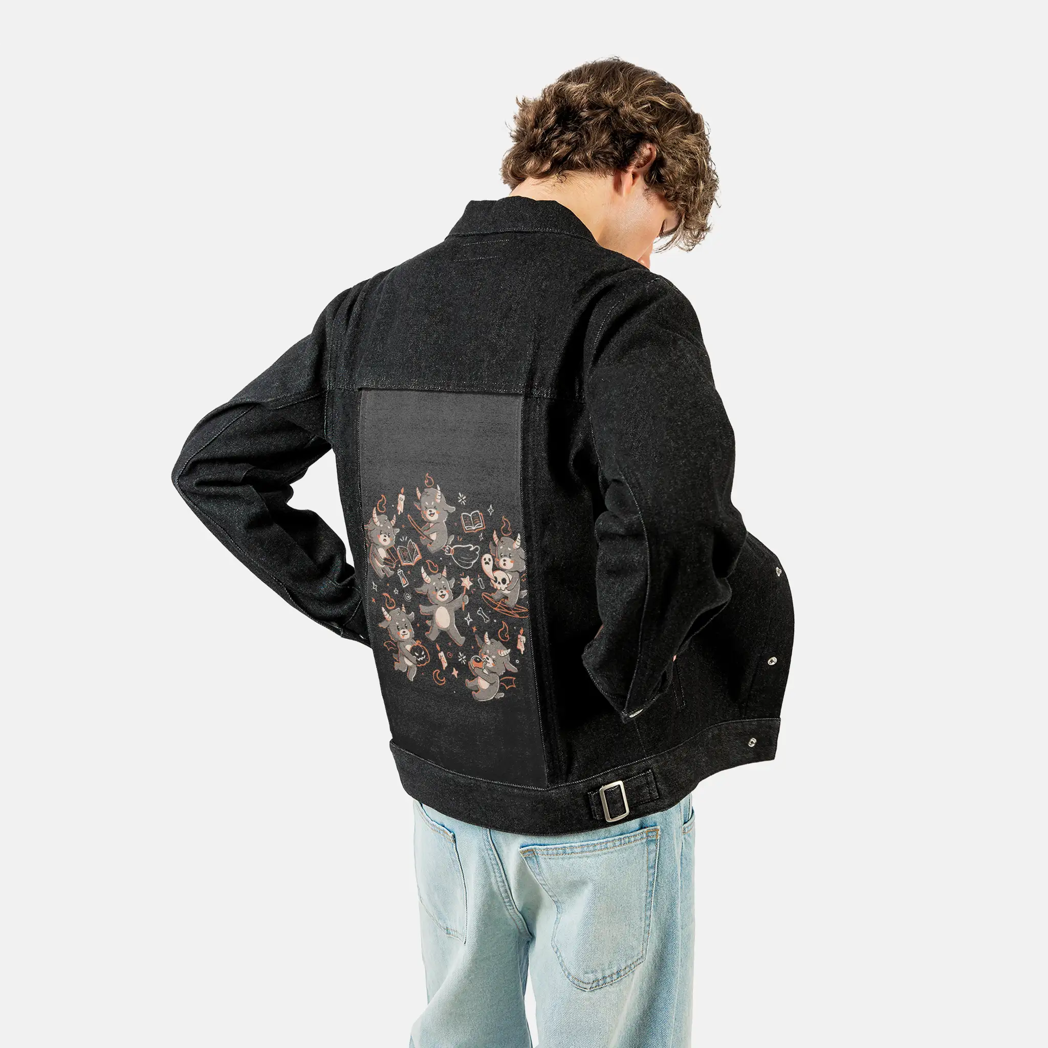 darkcuties patch on male og denim jacket in raven