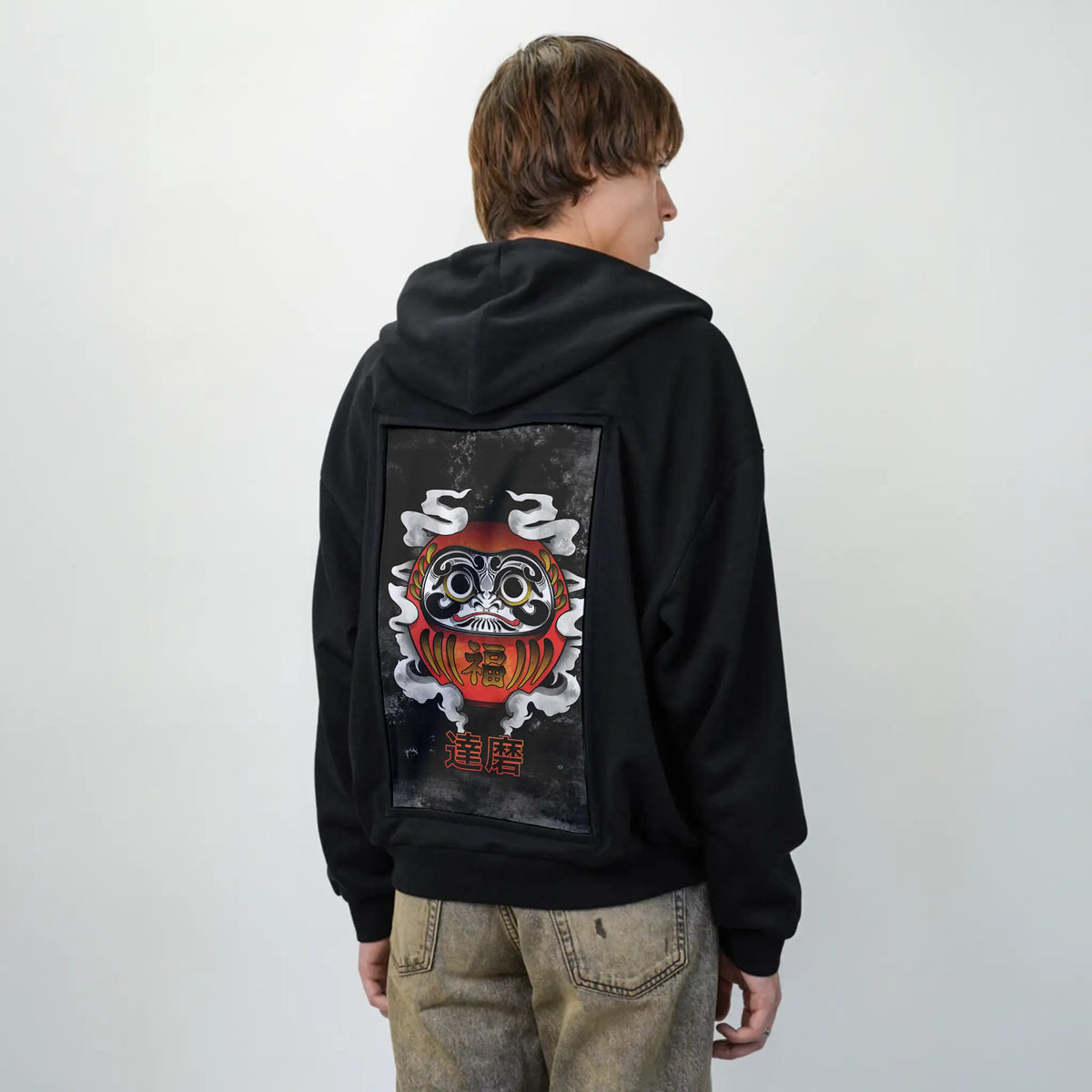 darkdaruma patch on male essential zip hoodie in after hours