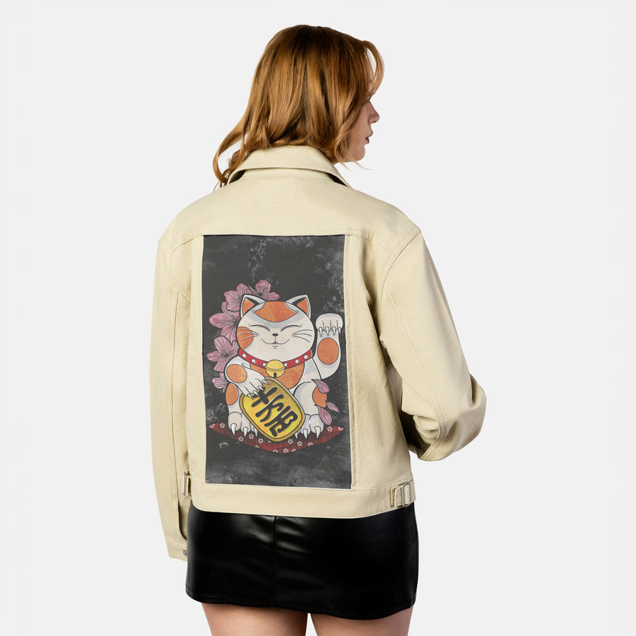 darkluckycat patch on female atelier canvas jacket in tan