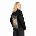 darkluckycat patch on female og denim jacket in raven