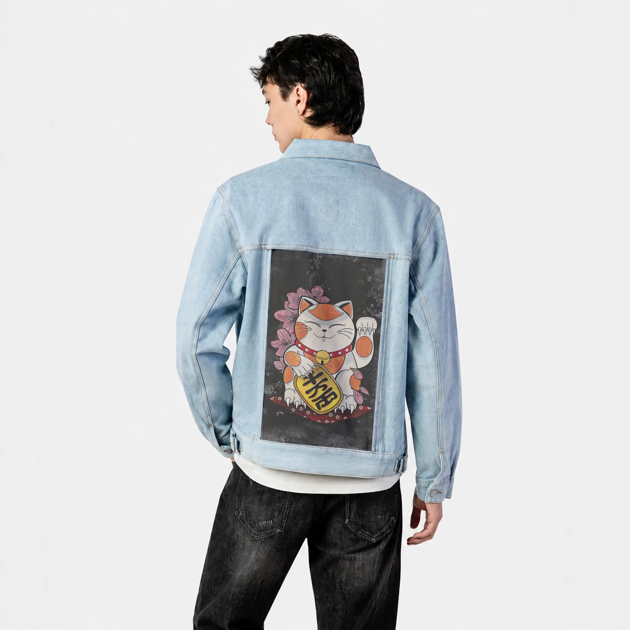darkluckycat patch on male og denim jacket in oceanside