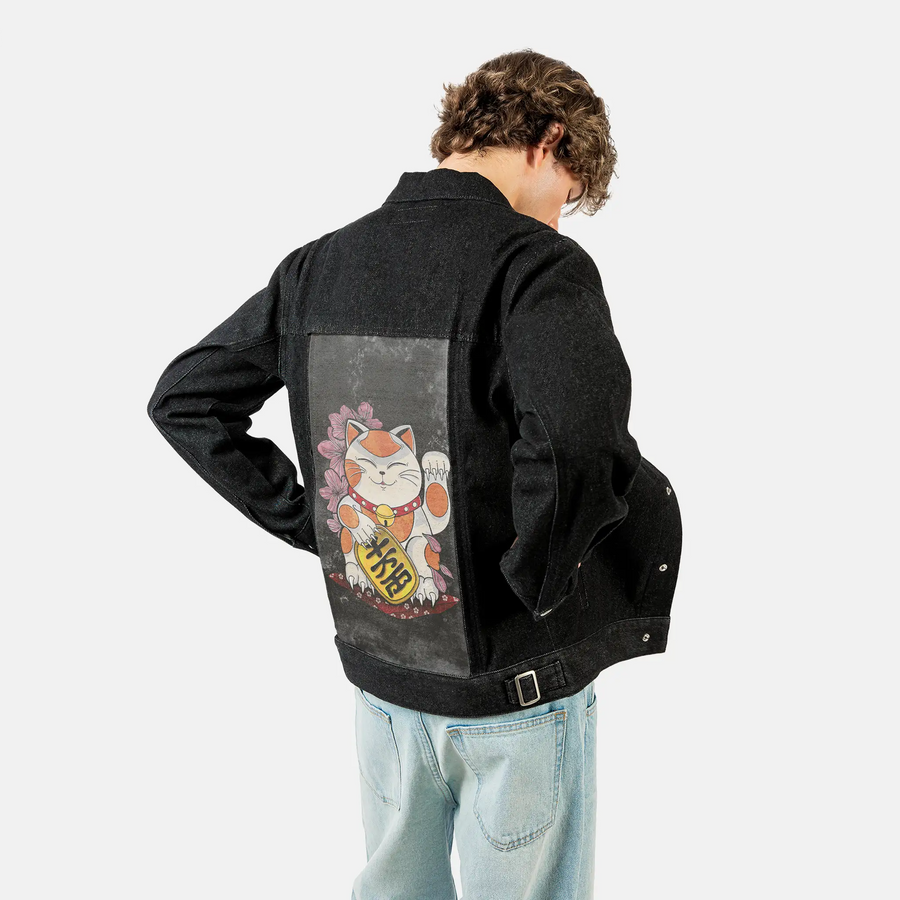 darkluckycat patch on male og denim jacket in raven